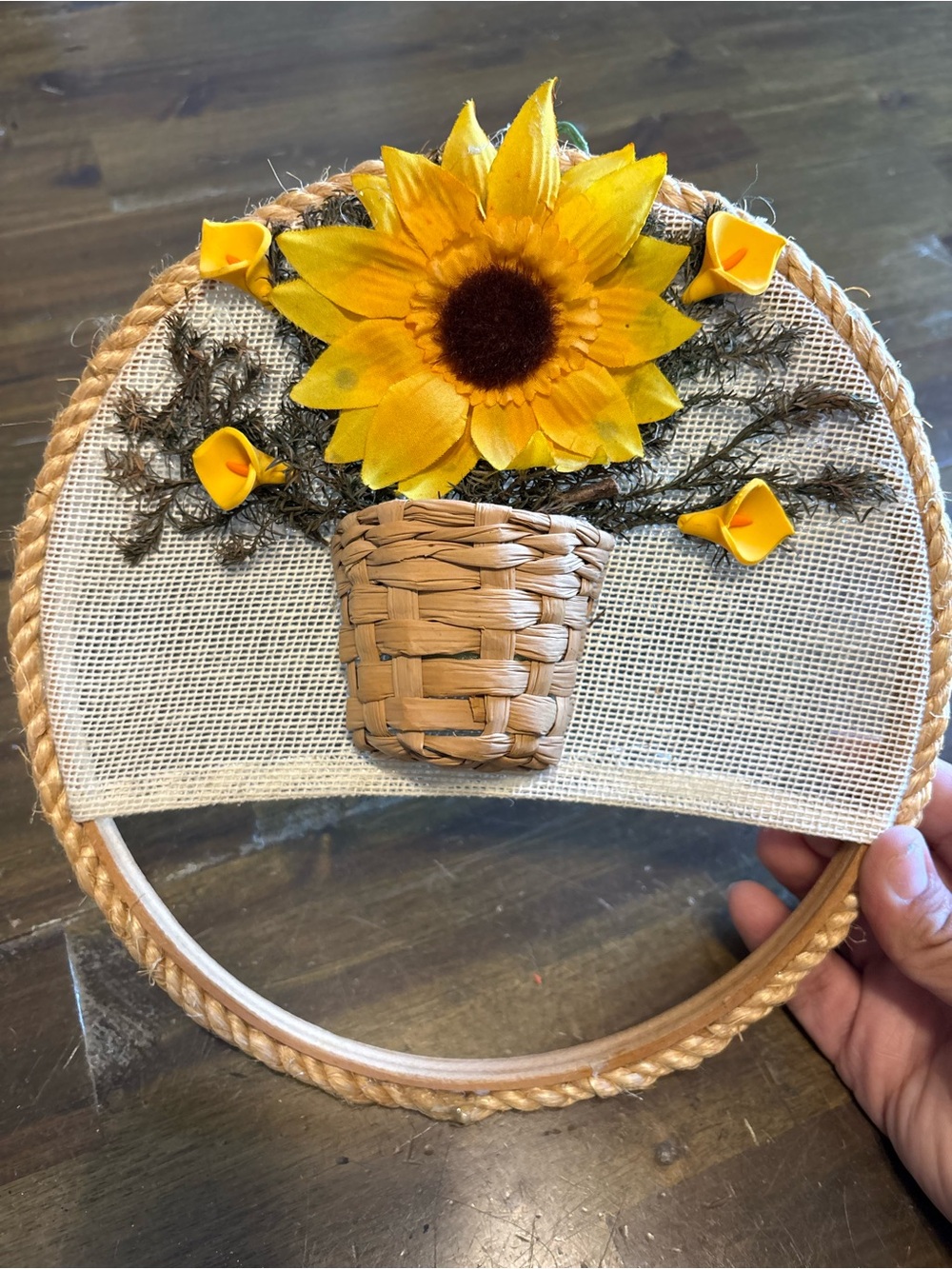 Vintage Handmade Embroidery Hoop Decor Holder Display Sunflower Basket Rope Folk